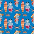 Seamless pattern with fun hippos on vacation